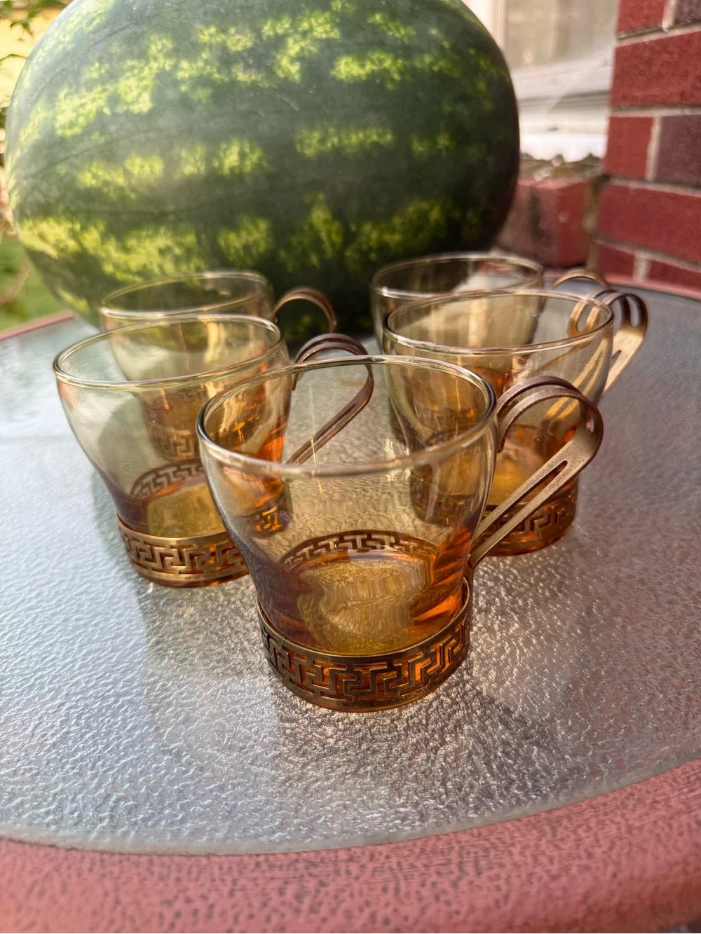 Amber Glass Tea Cups with Gold-Tone Filigree Holders - Set of 5